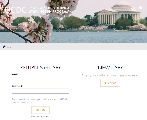 Screenshot of the my.ucdc.edu homepage with the "New User Sign Up" button highlighted.