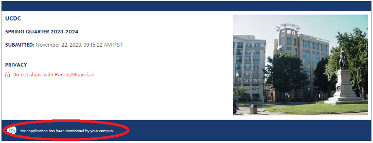 Screenshot showing the "Your application has been nominated by your campus" status message.