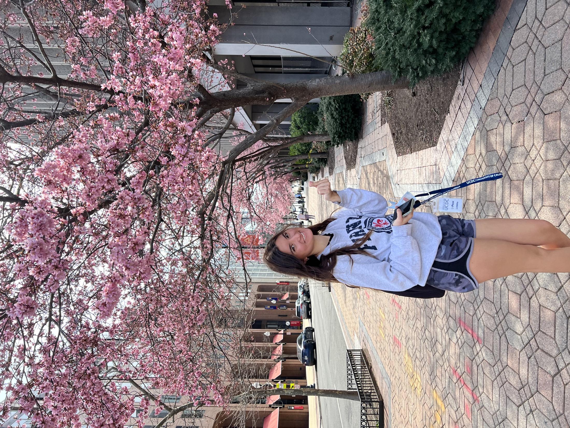 Louises Stivers standing in front of a cherry blossom tree